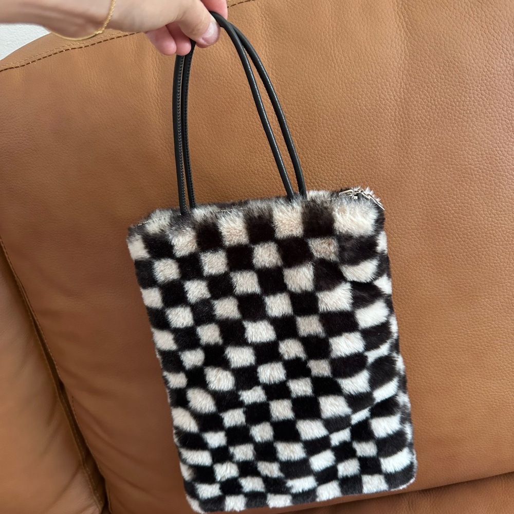 Black and White Checkered Mini Bag with Plush Texture